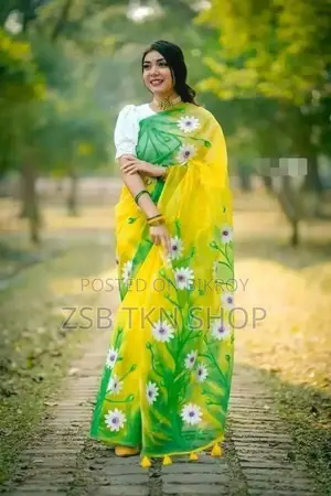 Hand Print Embroidery Work on Half Silk Saree