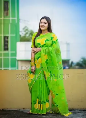 Hand Print Embroidery Work on Half Silk Saree