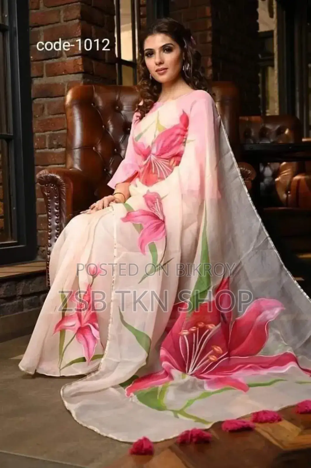 Hand Print Embroidery Work on Half Silk Saree