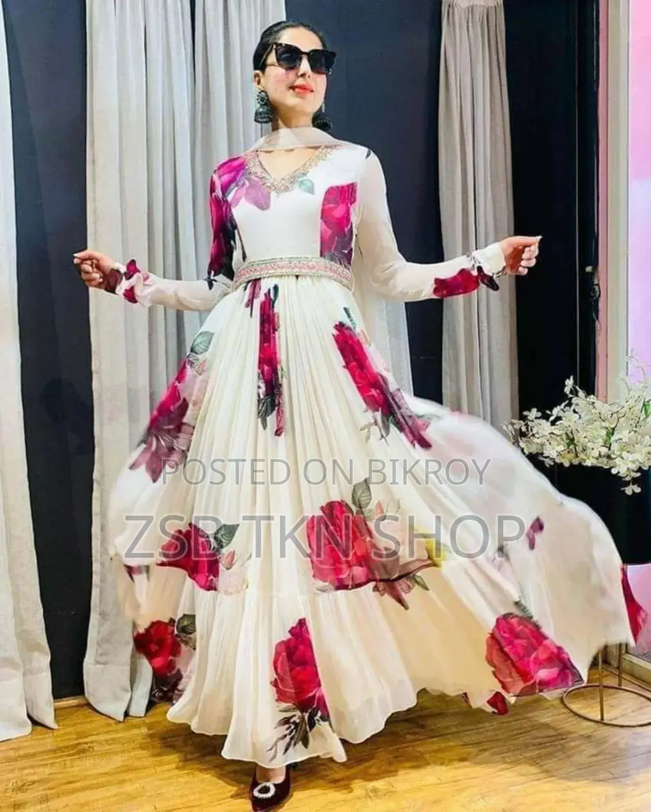 Rose Print Gown Three Pieces