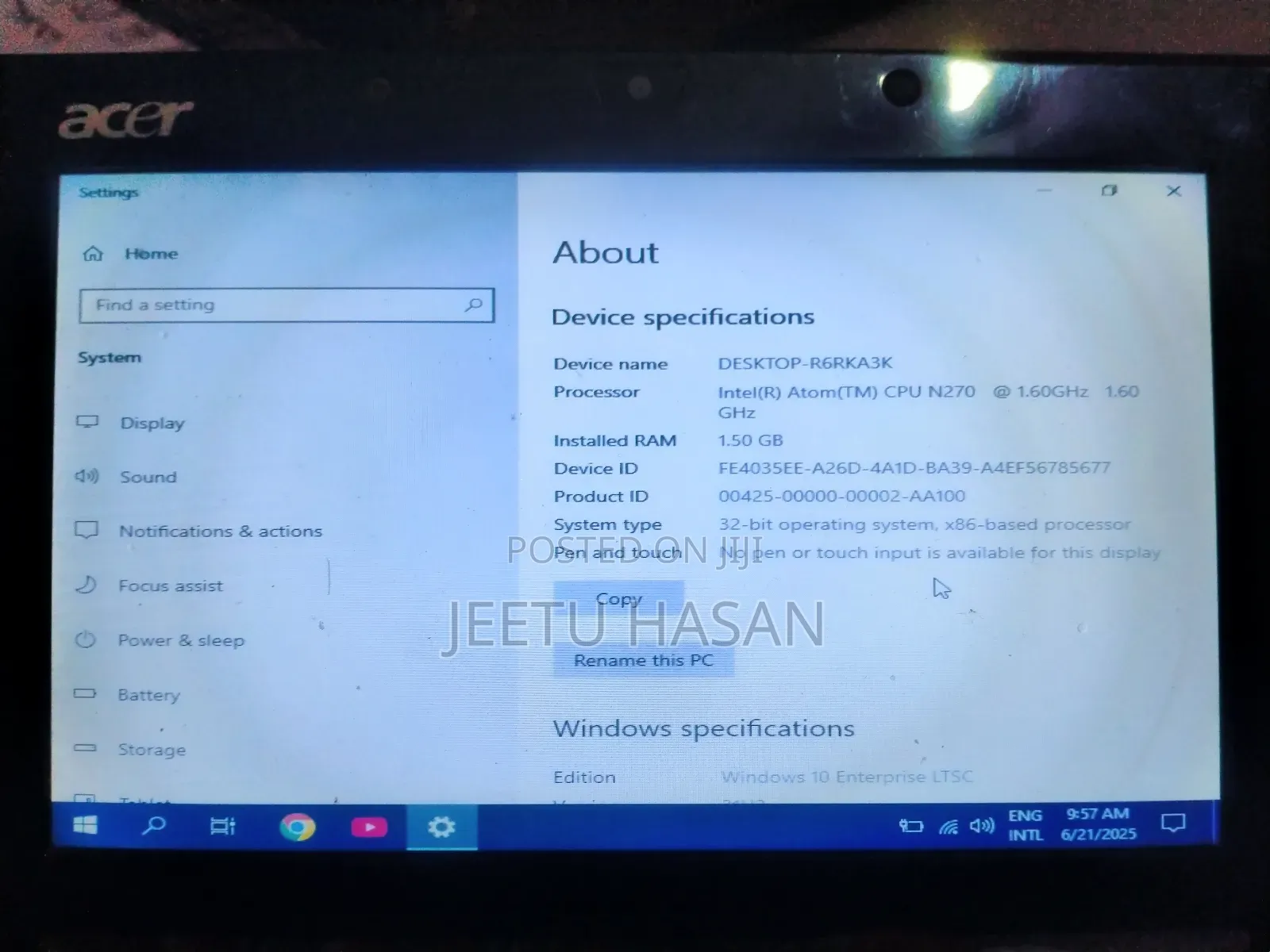 Laptop Acer Aspire One 1.5GB Intel Core 2 Duo HDD 160GB