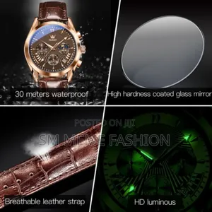 Olevs 2876 Multifunctional Luxury Genuine Leather Strap Watches In