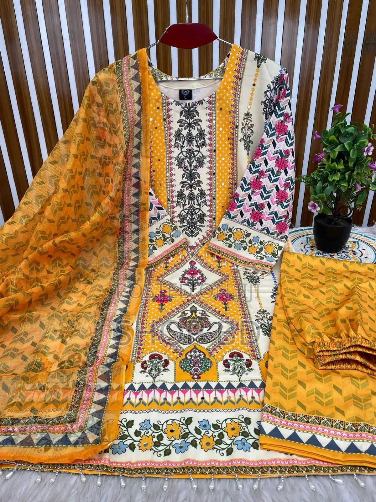 Digital Print Three Piece with Lace Work
