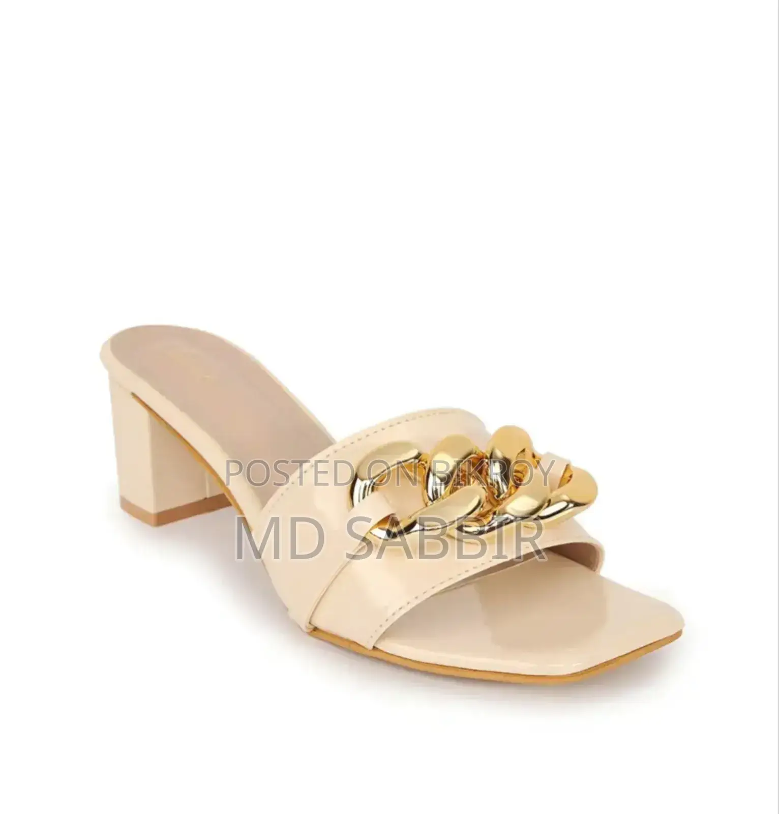 Beige Ladies Heel Sandal With Golden Chain Style