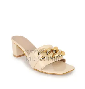 Beige Ladies Heel Sandal With Golden Chain Style