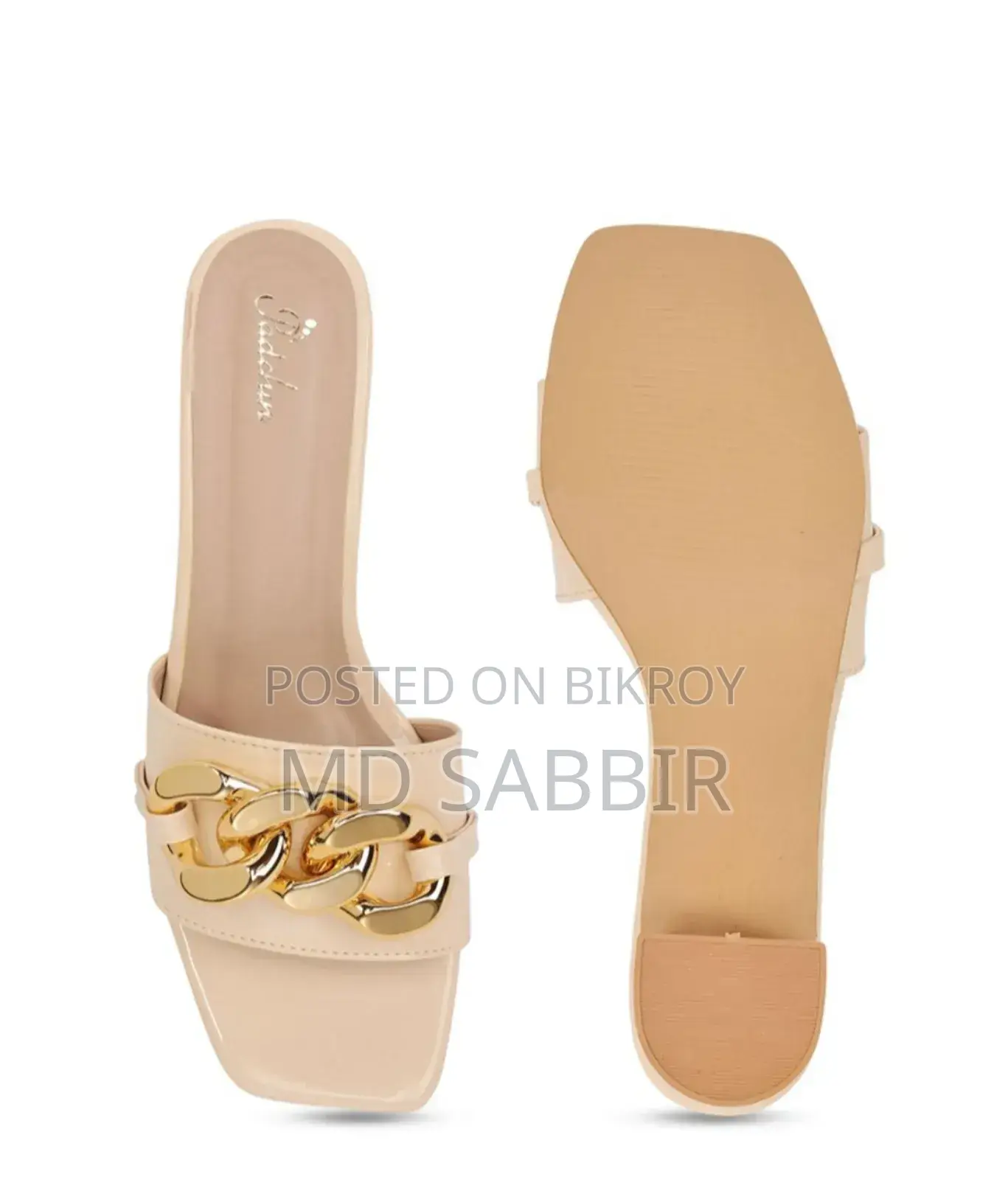 Beige Ladies Heel Sandal With Golden Chain Style