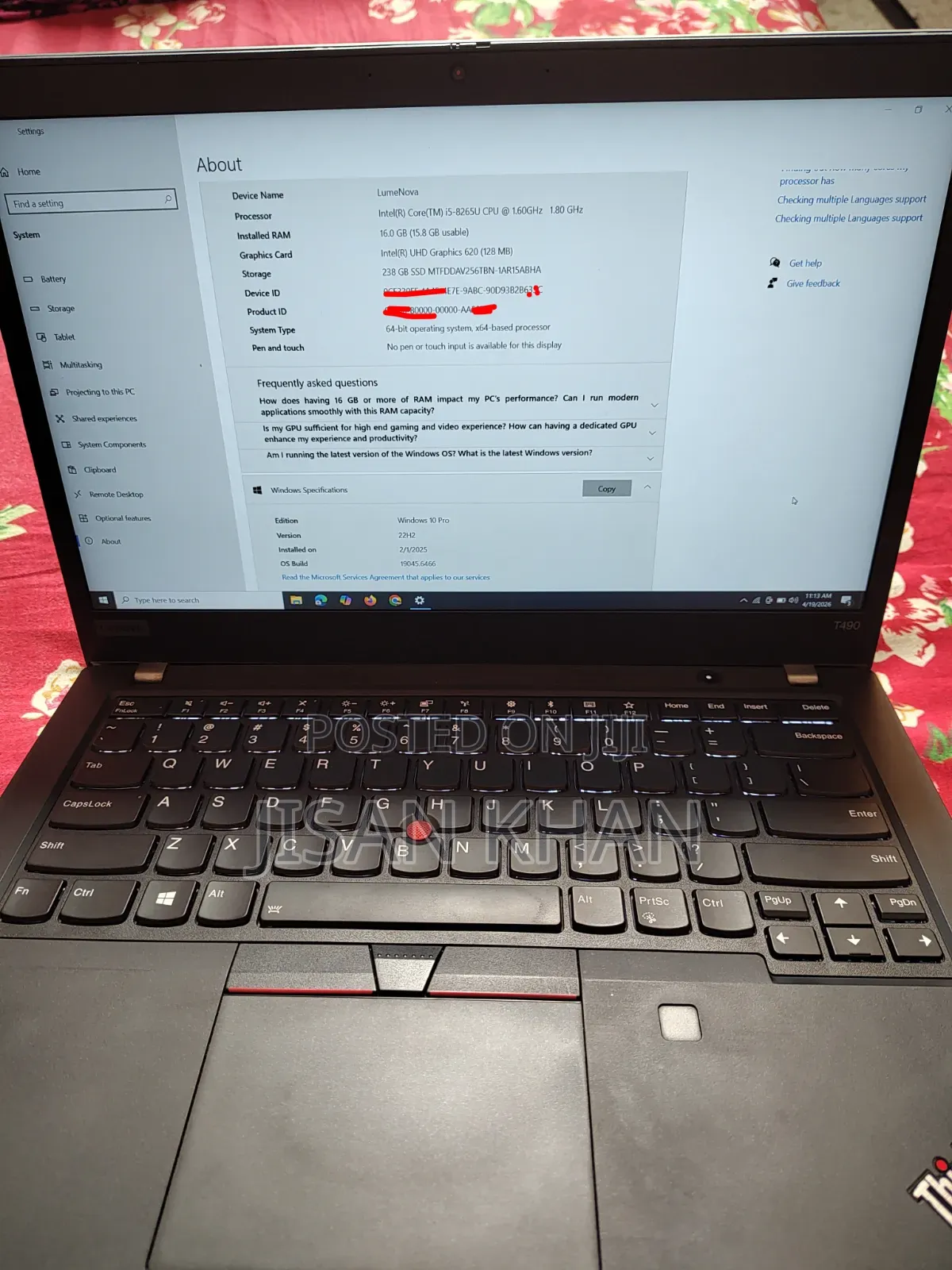 Laptop Lenovo ThinkPad T490s 16GB Intel Core I5 SSD 256GB