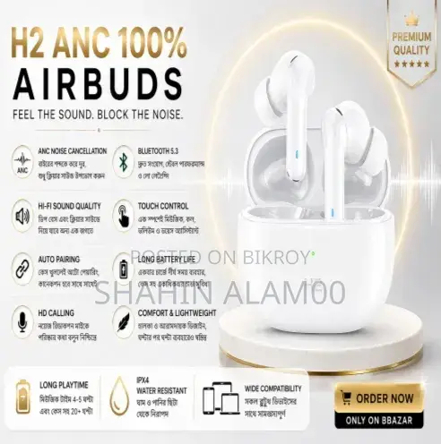 Airpods H2 100% ANC Active Noise Cancelling Bluetooth Earbuds
