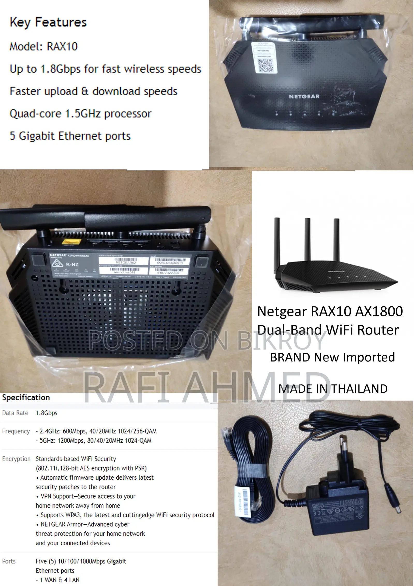Netgear Rax10 Ax1800 Dual-band Wifi Router Made in Thailand