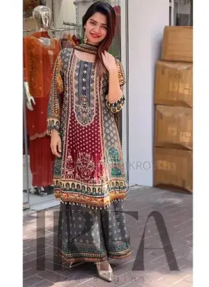Premium Digital Print Readymade Three-Piece (Lace Work Design)