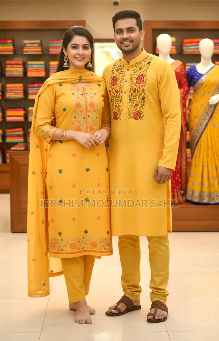 Block Three Piece & Panjabi Couple Set