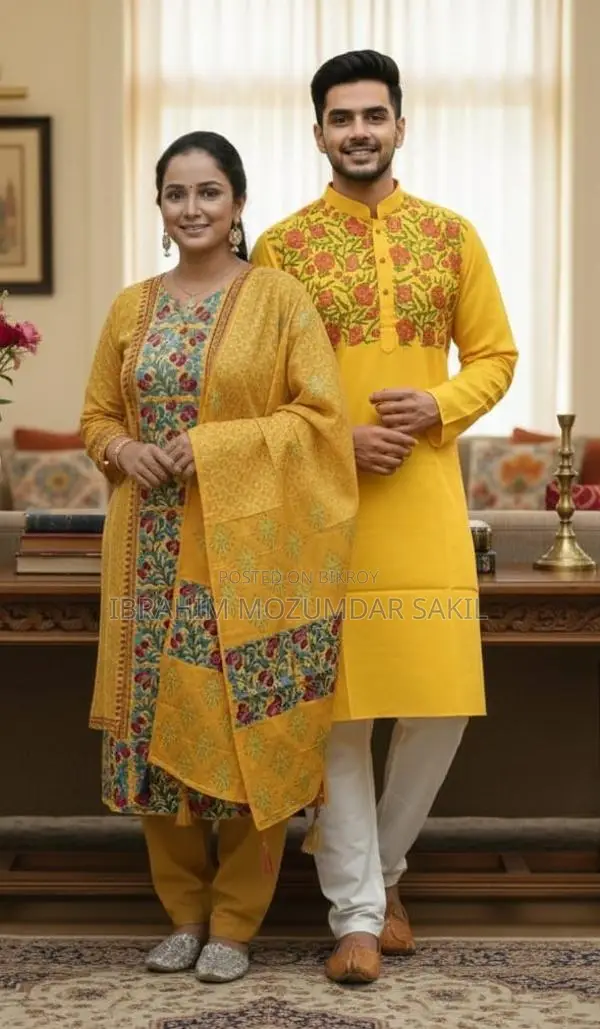 Block Three Piece & Panjabi Couple Set