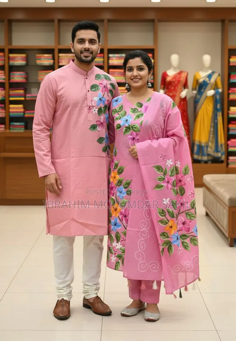 Block Three Piece & Panjabi Couple Set