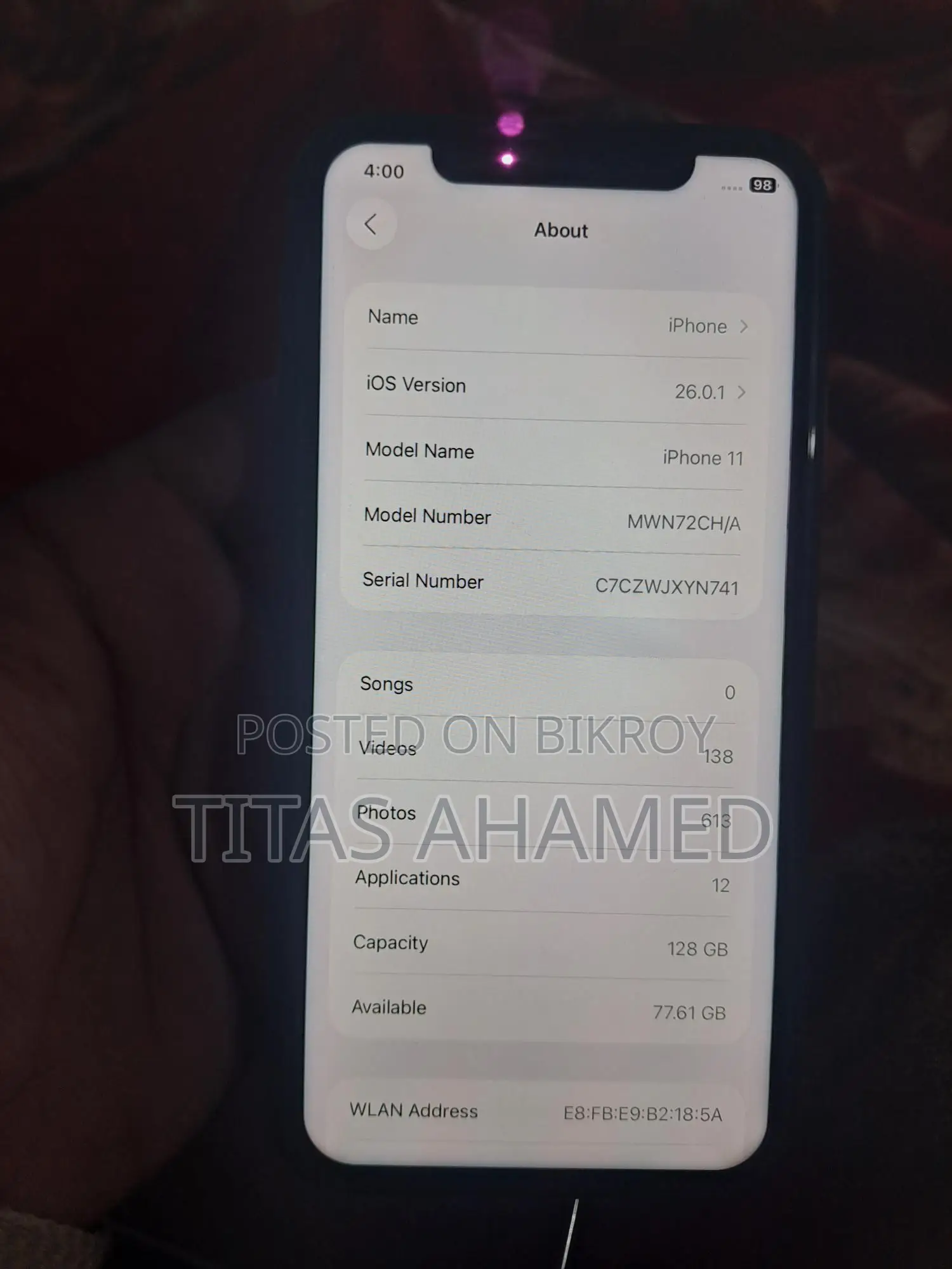 Apple iPhone 11 128 gb 98%( A+) (Used)