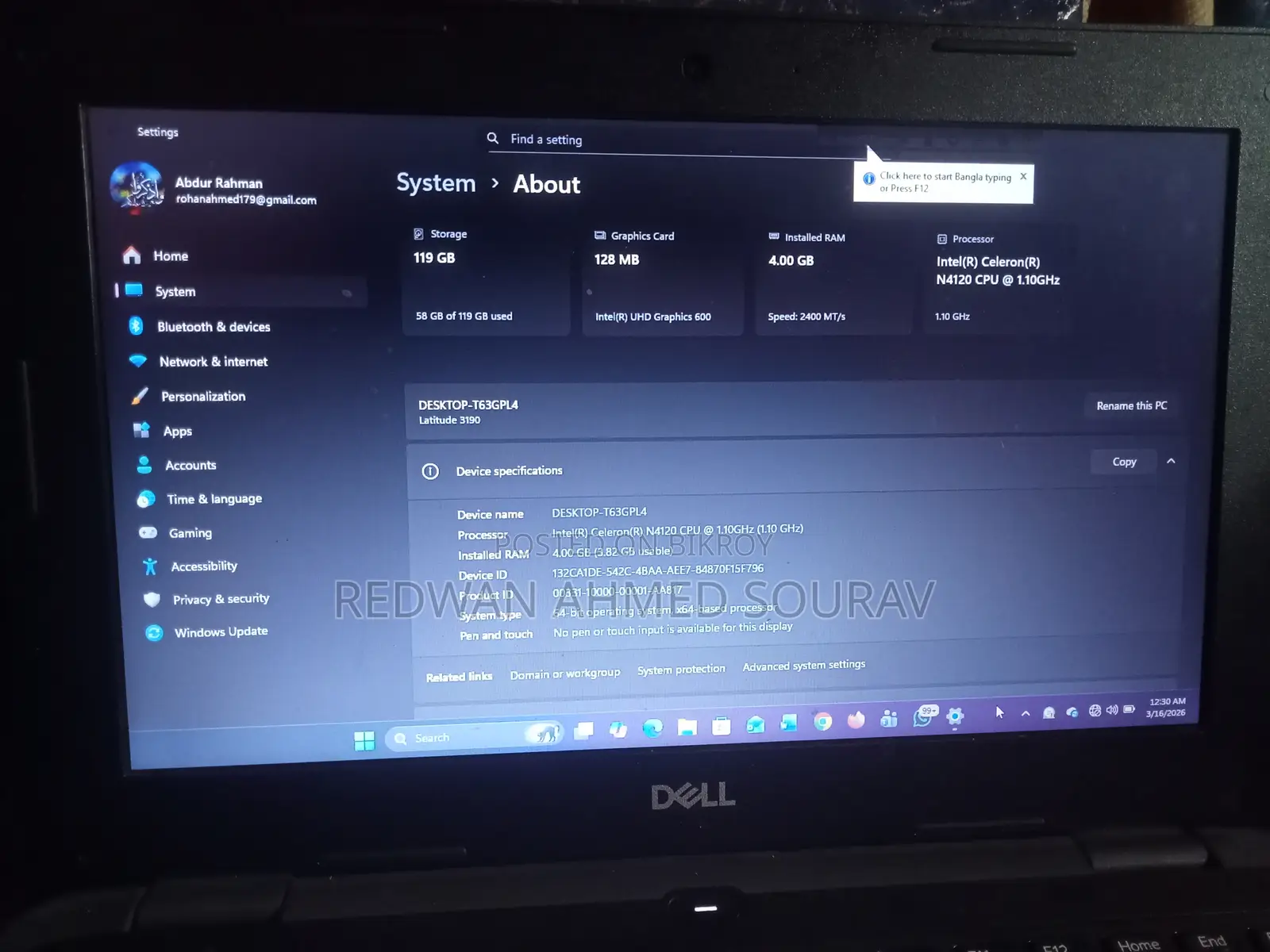 Dell Latitude 11.6" Ssd128, Ram: 4gb