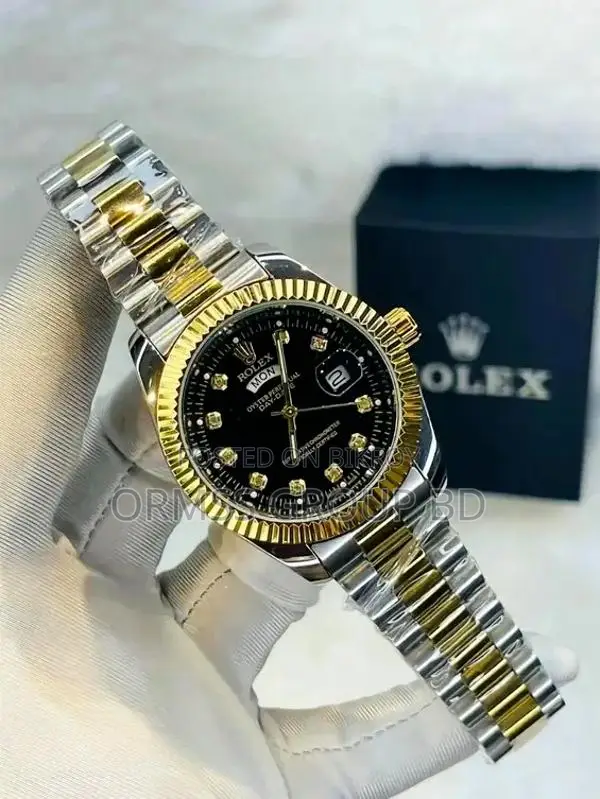 পুরুষদের জন্য বিলাসবহুল Rolx Day-date টু-টোন গোল্ড ও সিলভার – ব্ল্যাক ডায়মন্ড ডায়াল