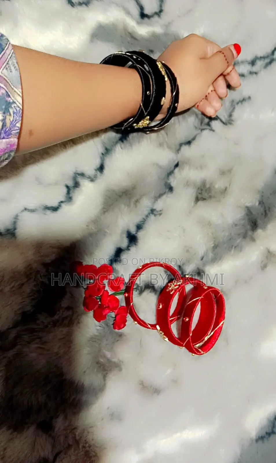 Exclusive Handmade Silk Thread and Kundan Bangle Set (Red-Black)
