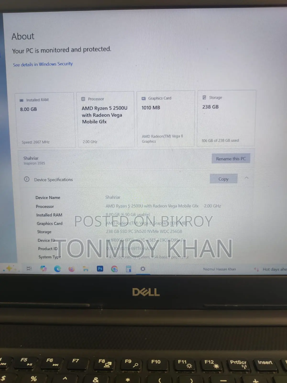 Laptop Dell Inspiron 15 8GB AMD Ryzen 5 SSD 256GB