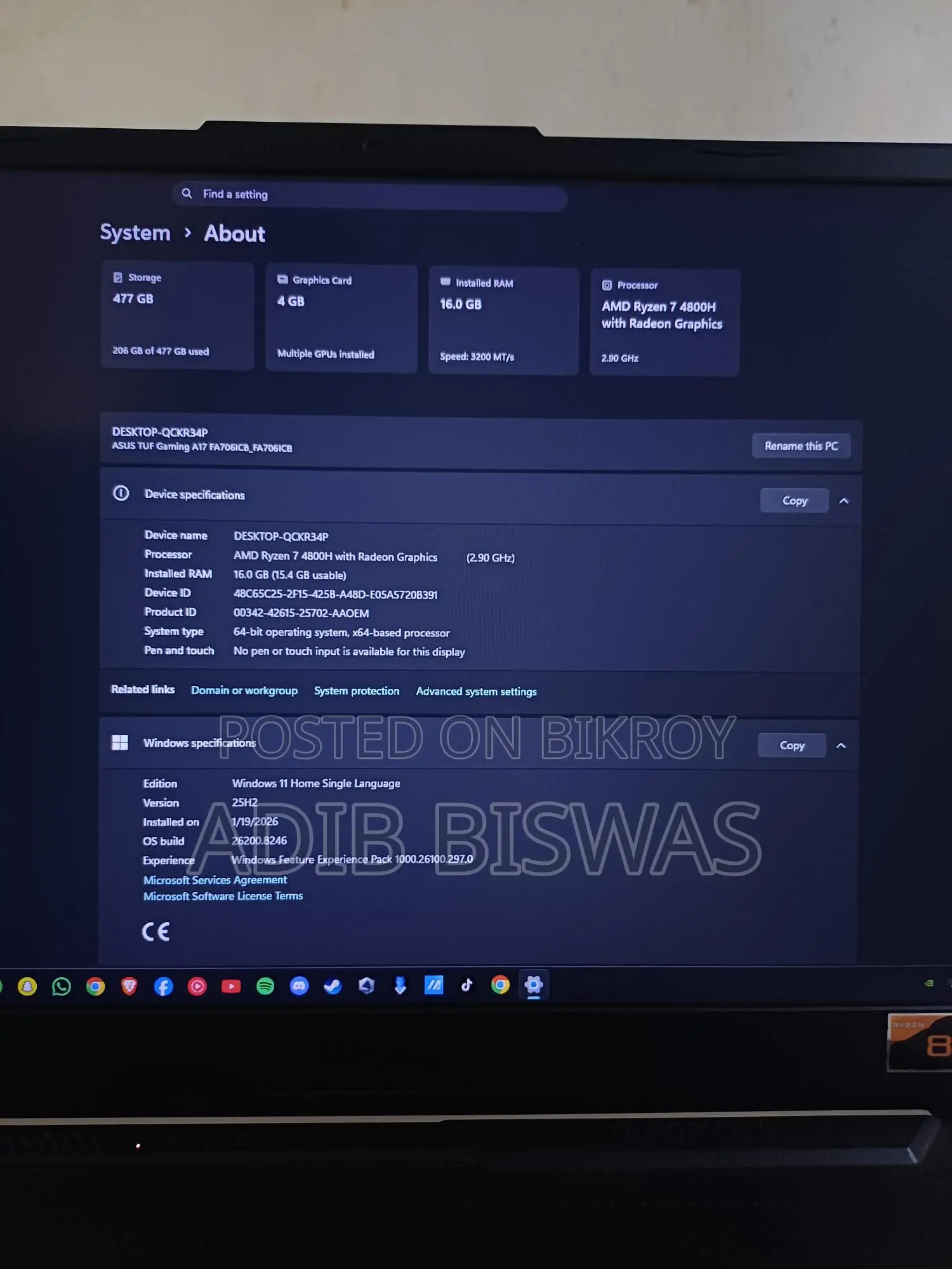 ASUS TUF Gaming A17, Ryzen 7 4800H, NVIDIA RTX 3050 4GB, 16GB RAM