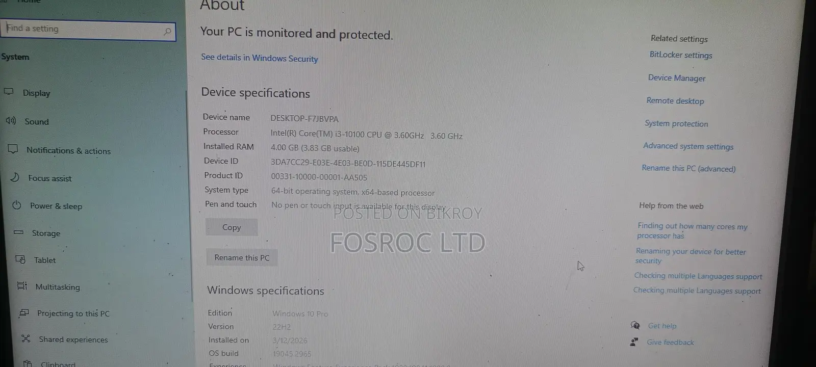 Hp I3 10gen অরিজিনাল ব্র্যান্ডের ফুল সেটআপ পিসি