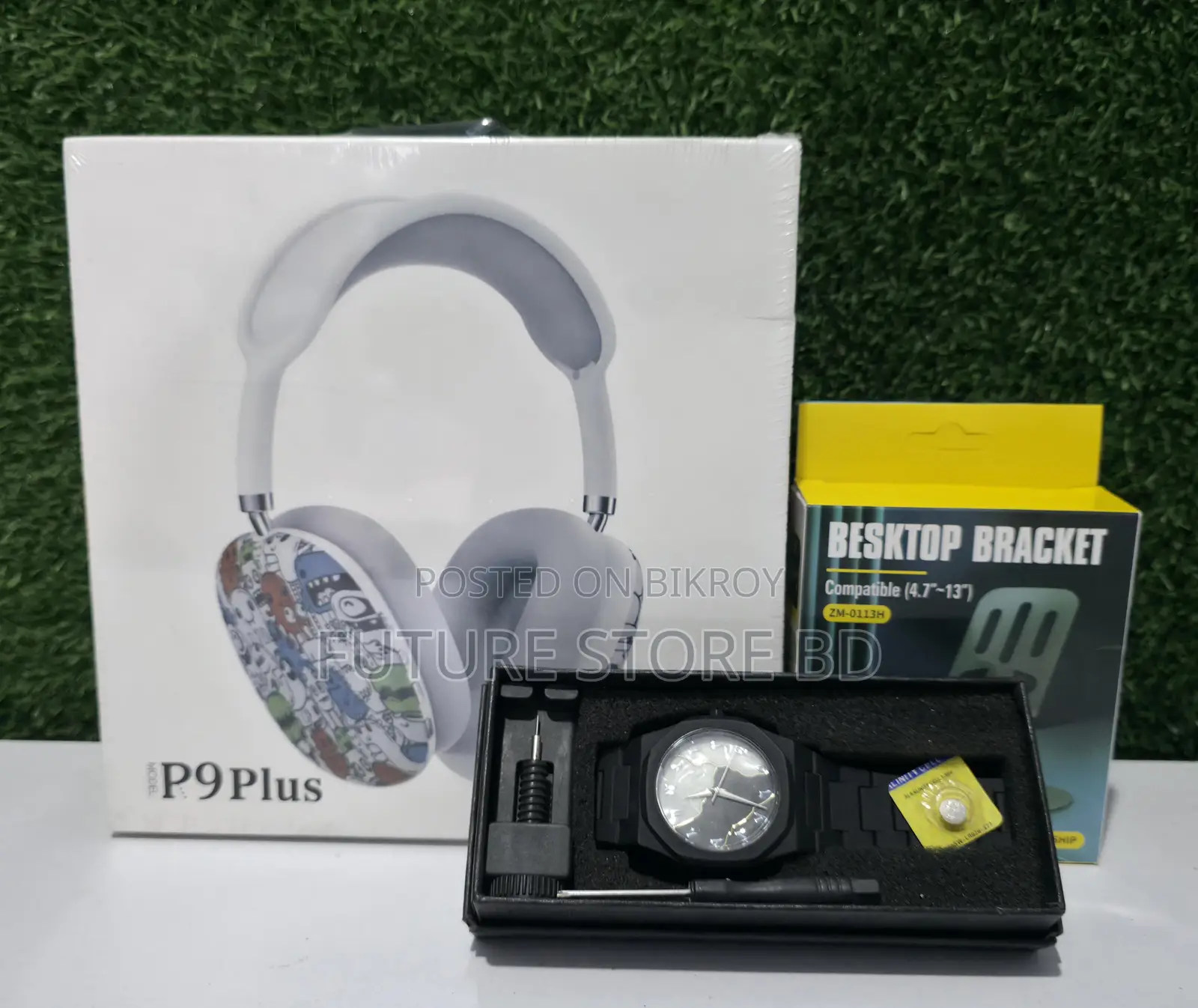 ৩টি কম্বো অফার p9 Plus Headphone + Arabic Aura Watch Metal Phone Stand
