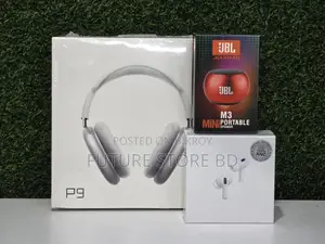 3-in-1 Combo Pack: 1. P9 Headphone, 2. JBL M-3 Bluetooth Speaker, 3. AirPods