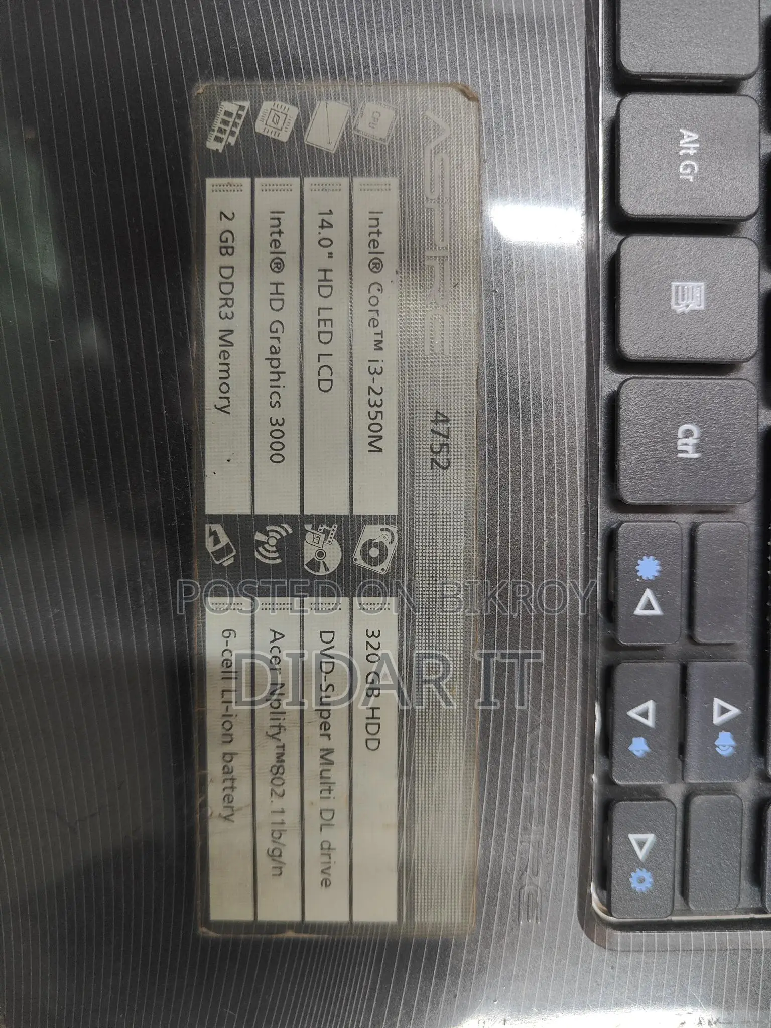 Core i3-4gb-320gb -acer aspire 4752 Running Laptop For Sale