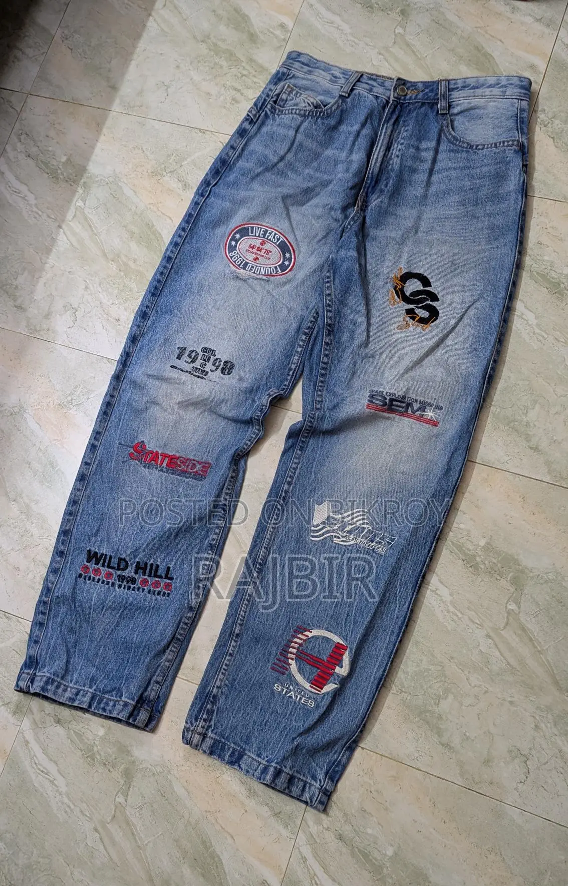 Straight Baggy Printed Jeans, Graphic Patches.
