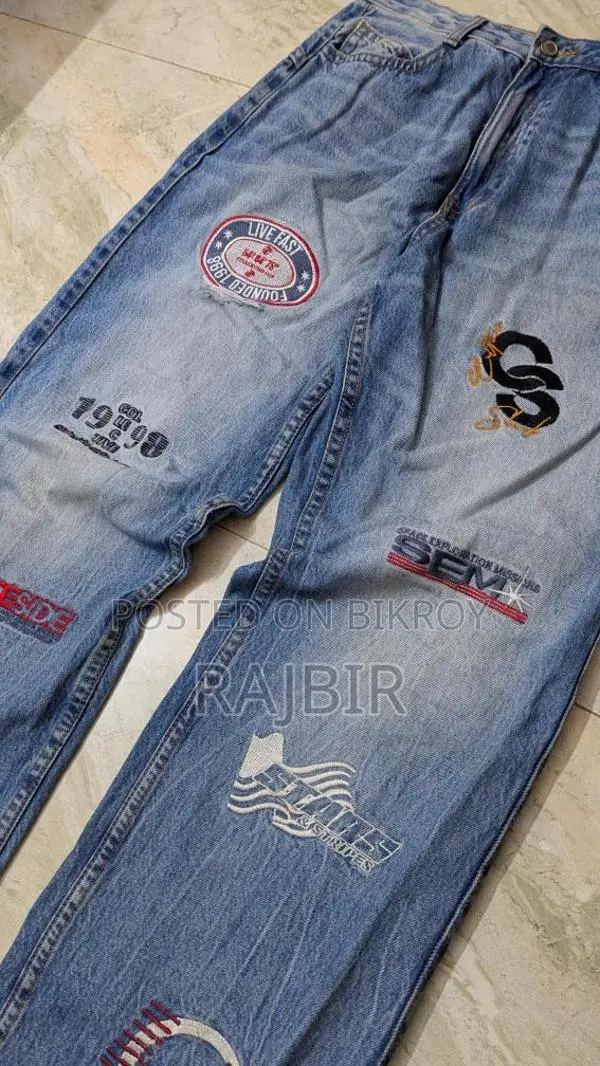 Straight Baggy Printed Jeans, Graphic Patches.