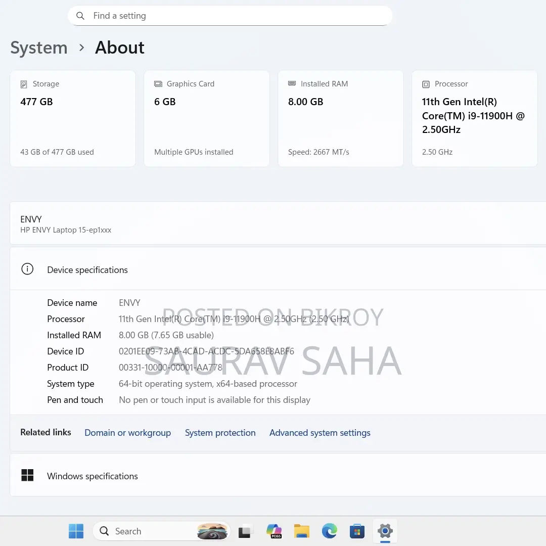 HP ENVY 15 - i9 11900H NVIDIA RTX 3060 6GB DDR6 GPU