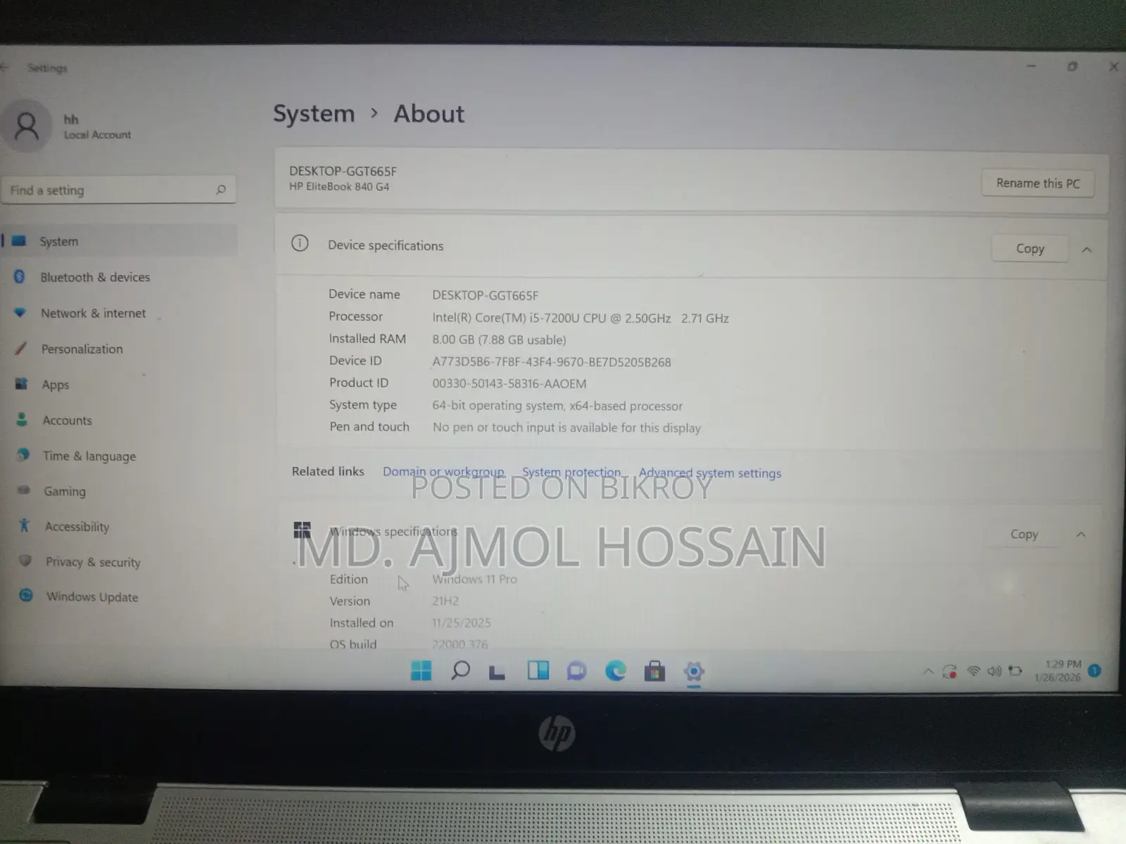 ল্যাপটপ HP EliteBook 840 G4 8GB Intel Core I5 SSD 256GB