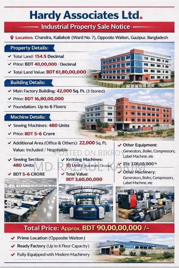 Ready-made Garments Factory for Sale (Worth 90 Crore BDT)