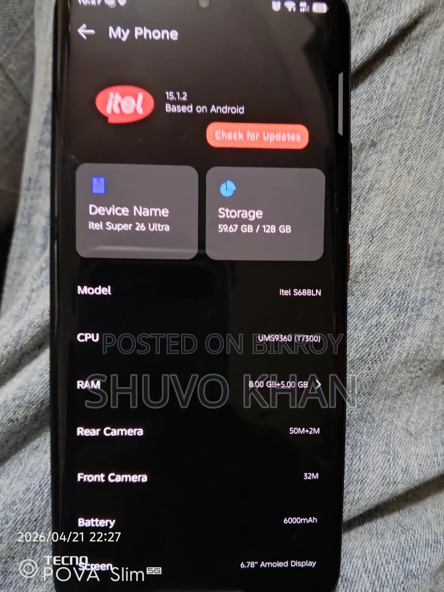Itel S26 Ultra 8+5 GB RAM 128 GB ROM (Used)