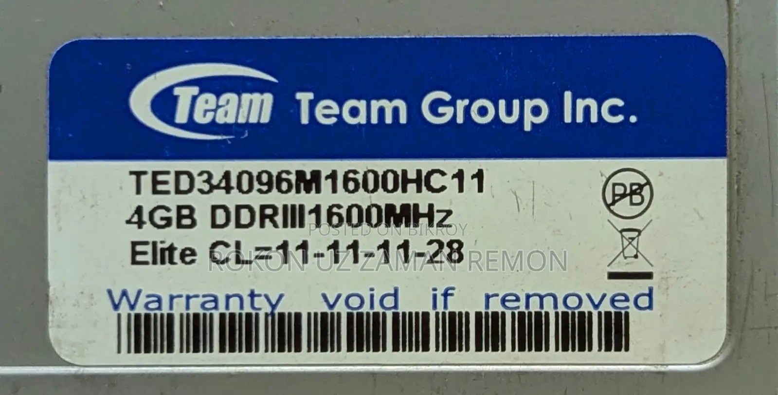 Team Elite 4GB DDR3 1600MHz Desktop RAM With Heatsink - Rare Condition