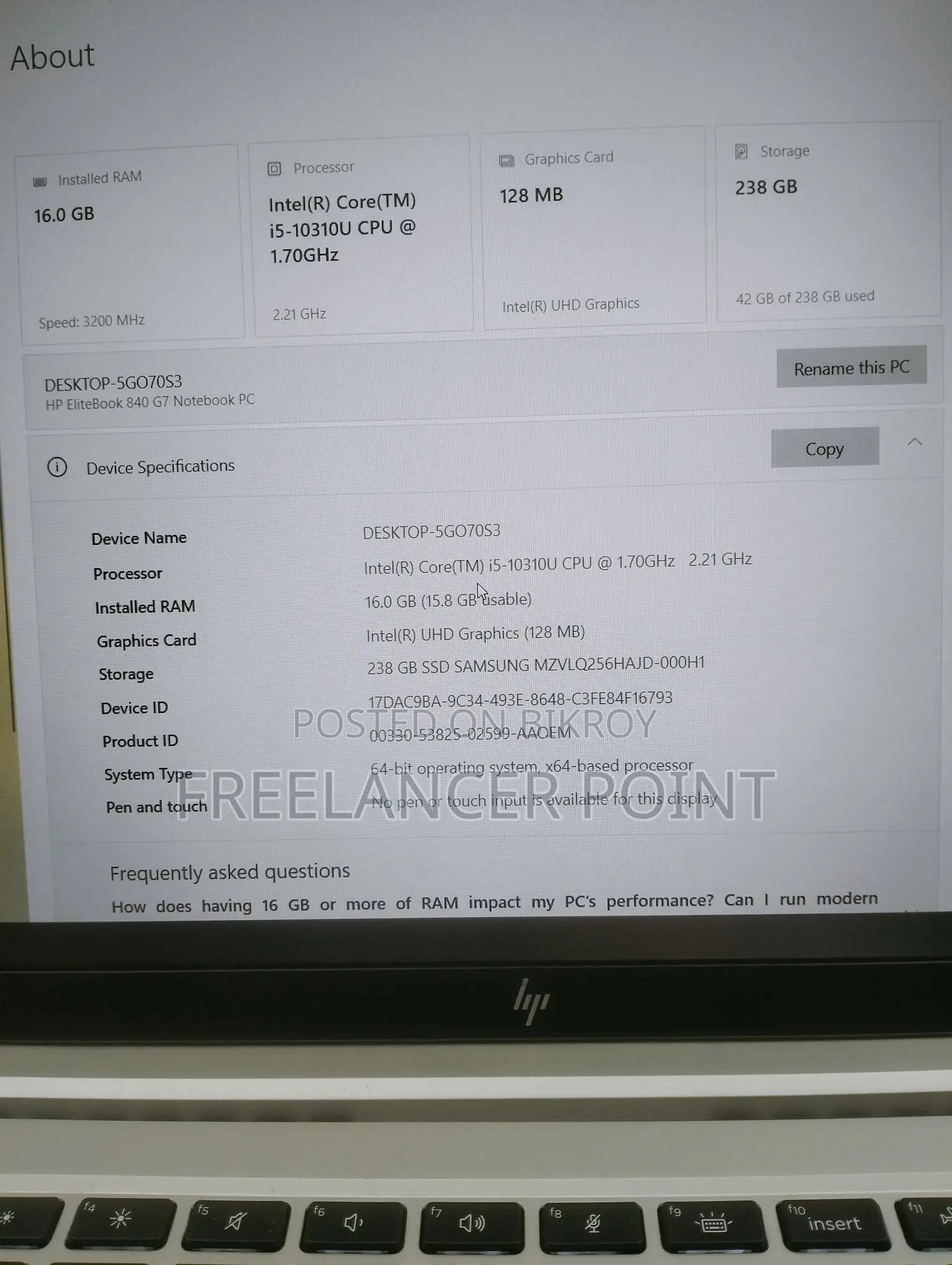 HP Elitebook 840 G7 10th Gen 16 GB RAM For Sell