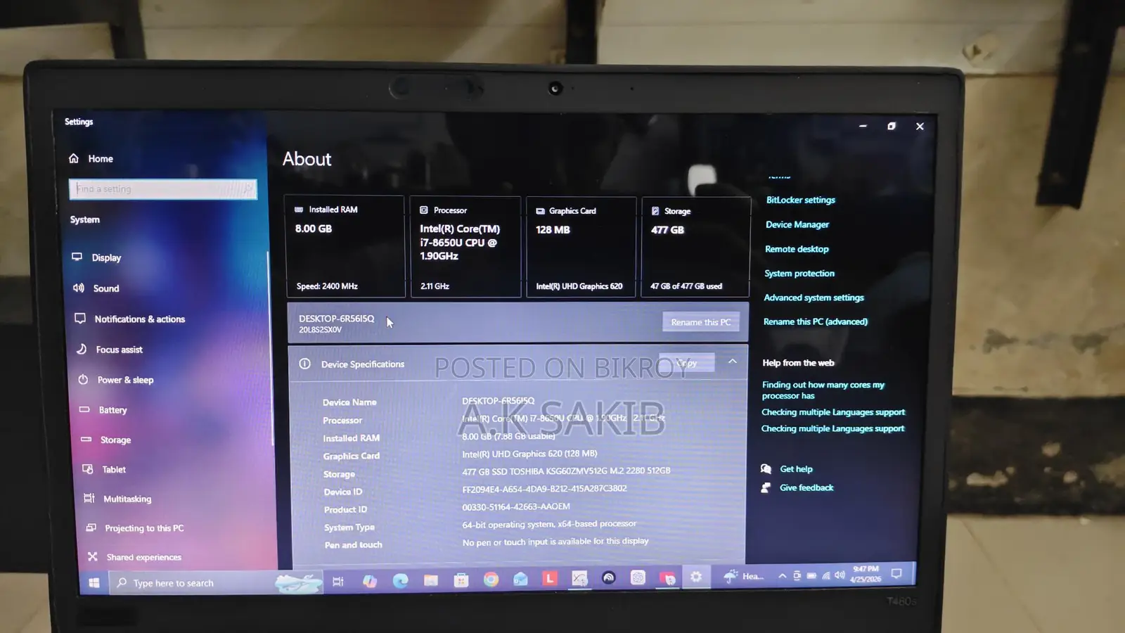 Lenovo Thinkpad T480s 512GB SSD 8GB RAM