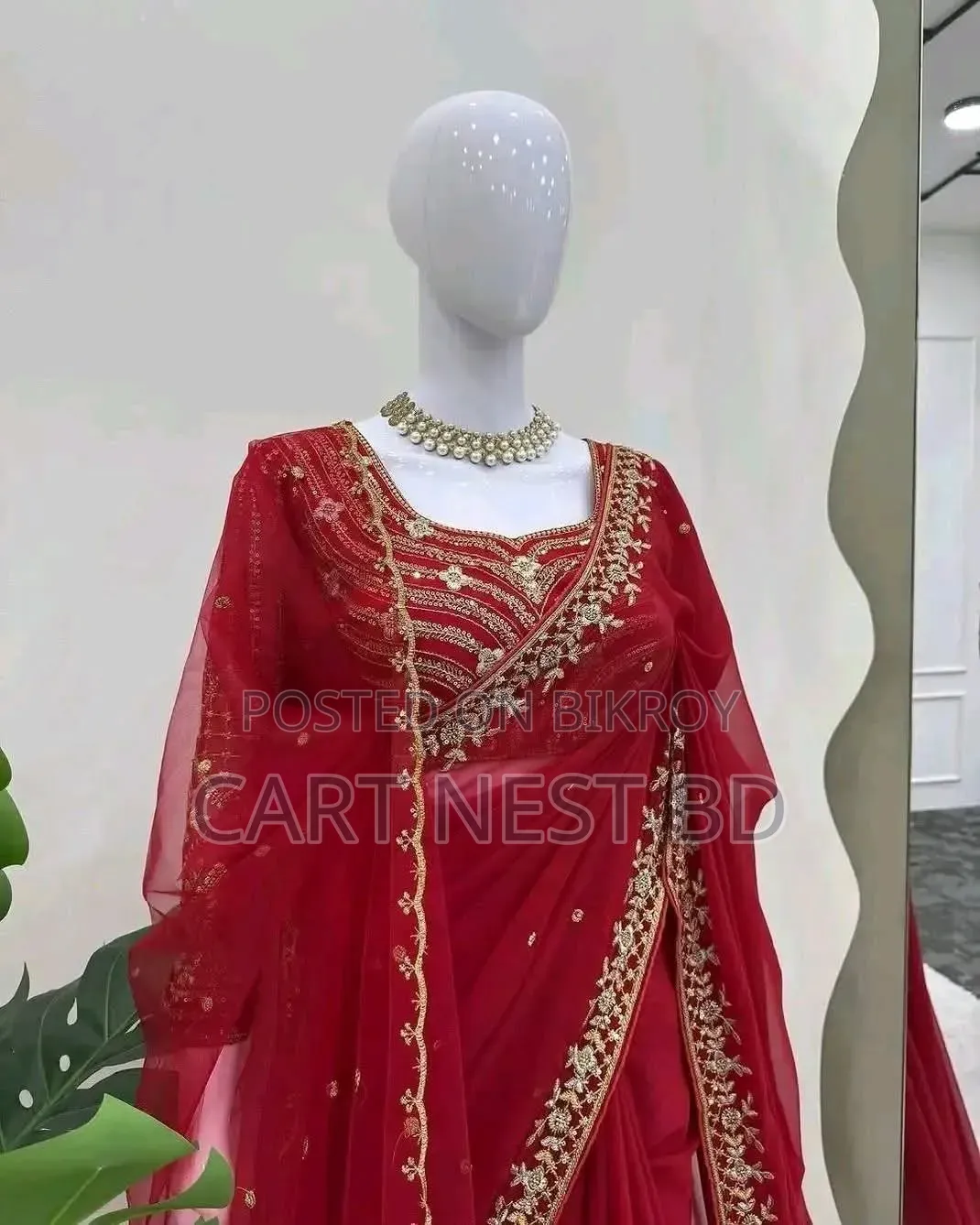 Elegant Red Faux Georgette Saree - Pearl Sequence Work