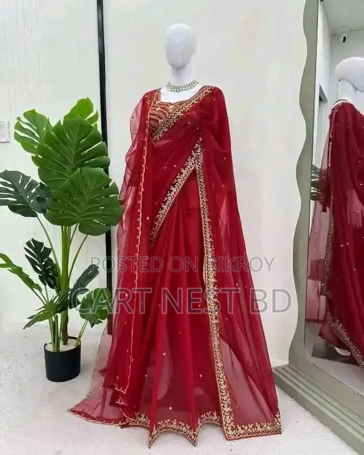 Elegant Red Faux Georgette Saree - Pearl Sequence Work