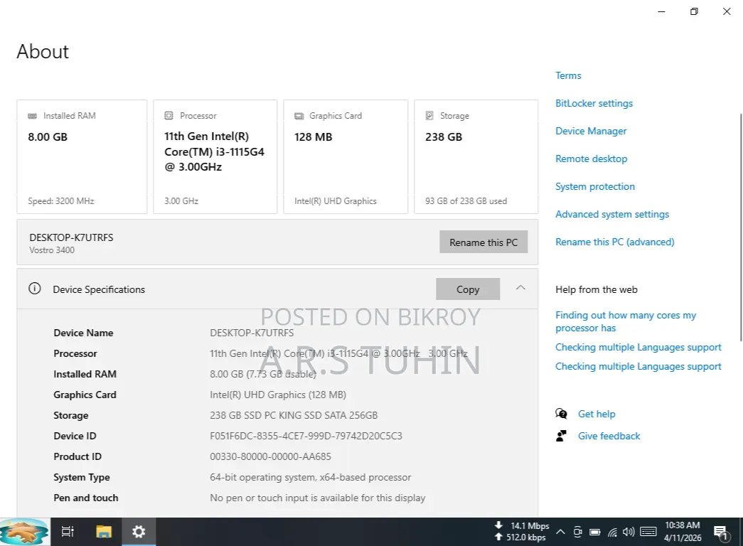 Laptop Dell Vostro 3400 8GB Intel SSD 256GB