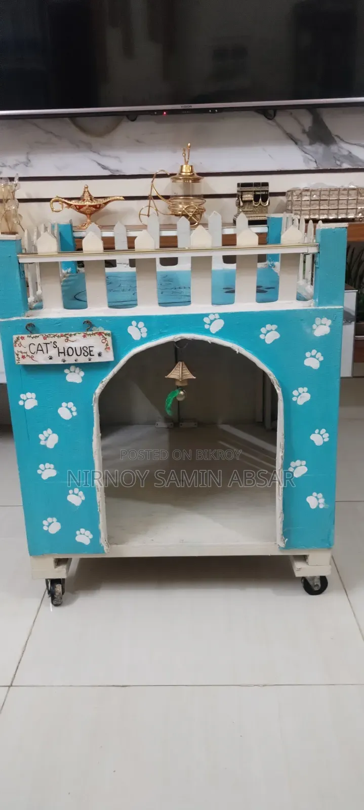 Cat House Indoor Handmade With Ladder, Wheels Rooftop Lounge