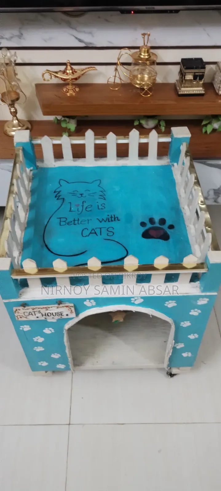 Cat House Indoor Handmade With Ladder, Wheels Rooftop Lounge