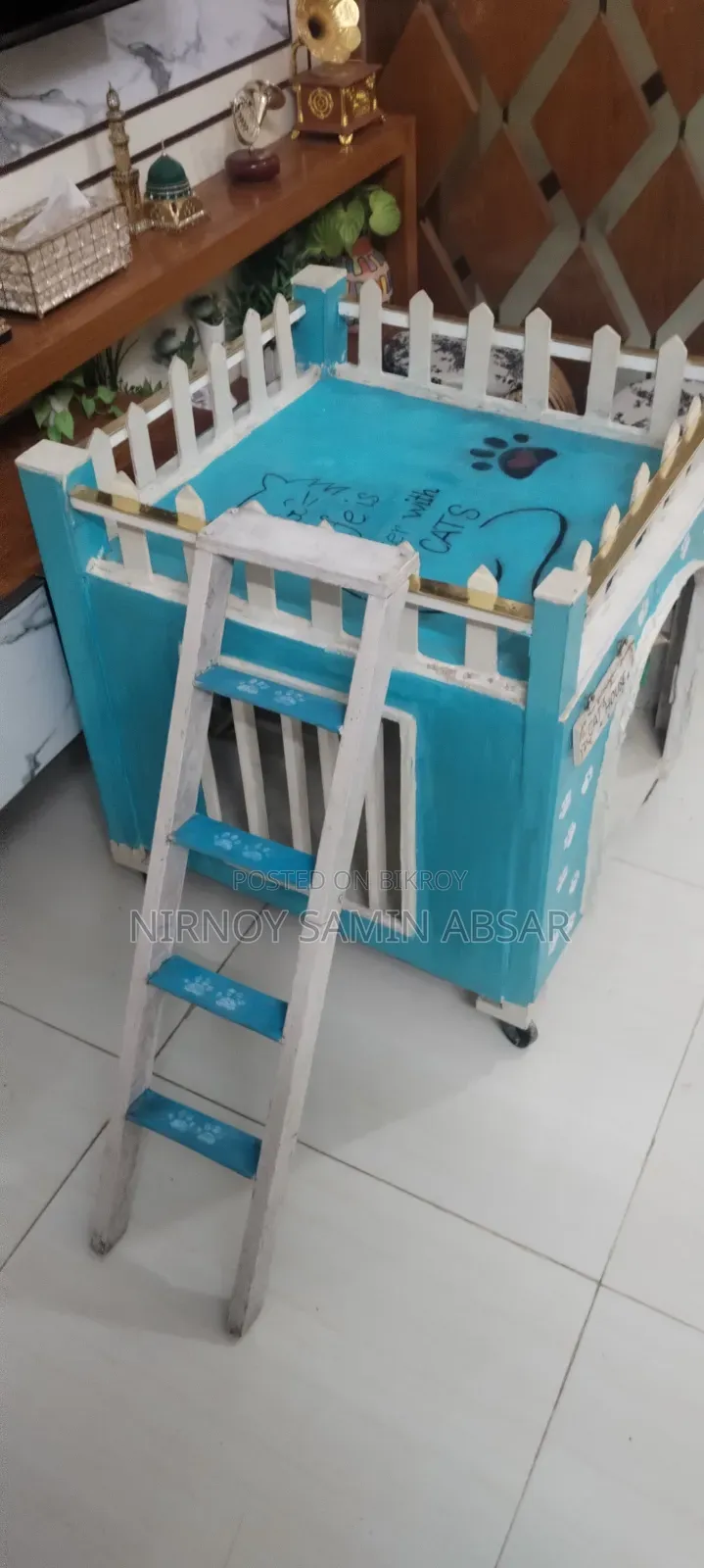 Cat House Indoor Handmade With Ladder, Wheels Rooftop Lounge
