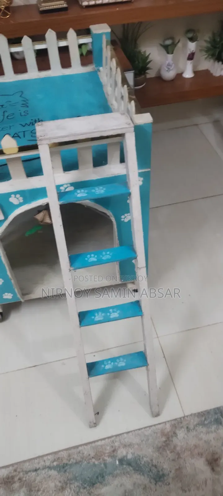 Cat House Indoor Handmade With Ladder, Wheels Rooftop Lounge