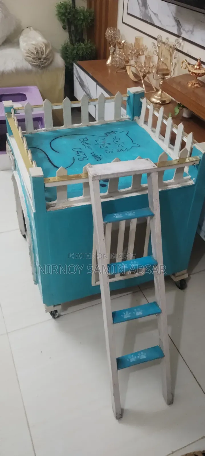 Cat House Indoor Handmade With Ladder, Wheels Rooftop Lounge