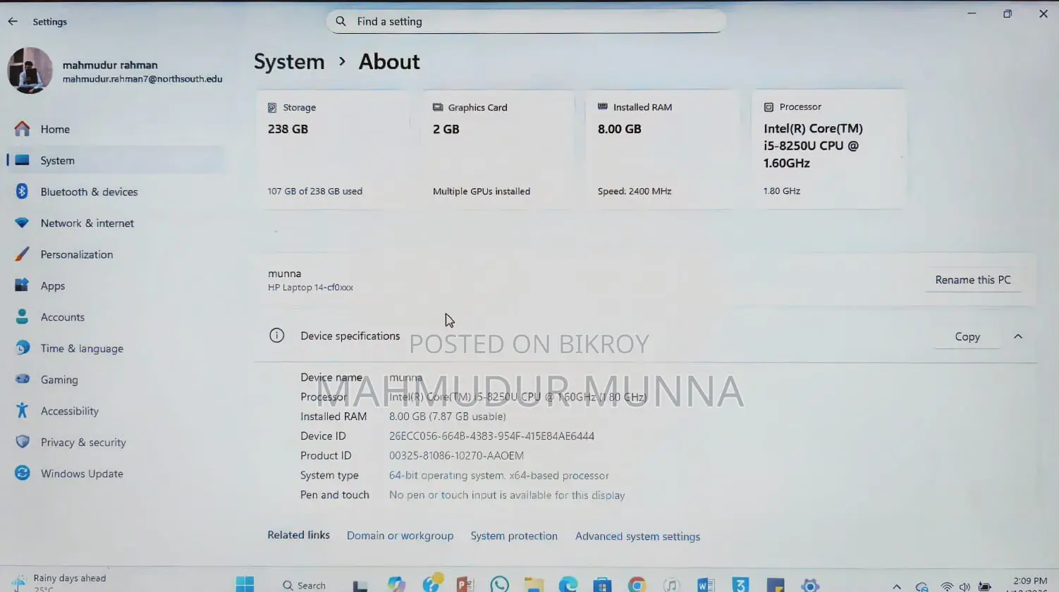 Desktop Computer HP 8GB Intel Core I5 SSD 256GB