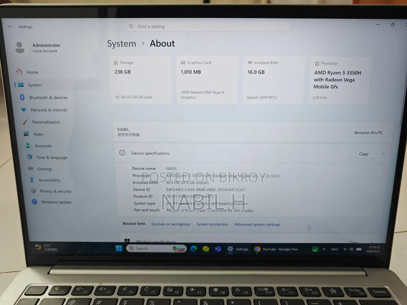 Laptop Lenovo 16GB AMD Ryzen 5 SSD 256GB