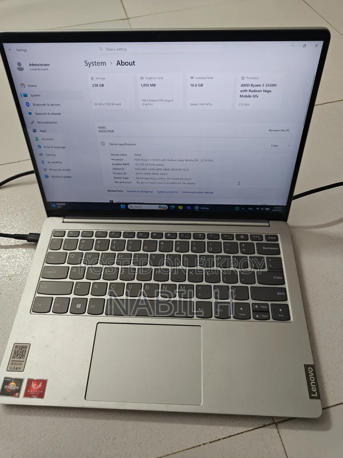 Laptop Lenovo 16GB AMD Ryzen 5 SSD 256GB