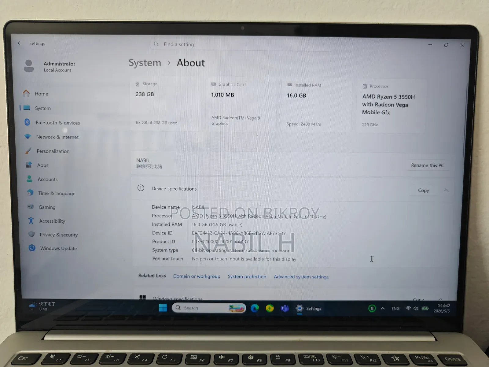 Laptop Lenovo 16GB AMD Ryzen 5 SSD 256GB