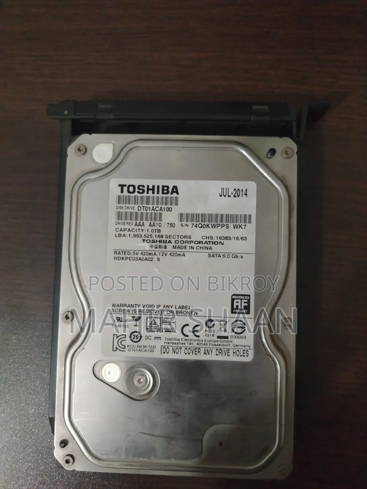 Toshiba 1 Terabyte HDD 75% Health