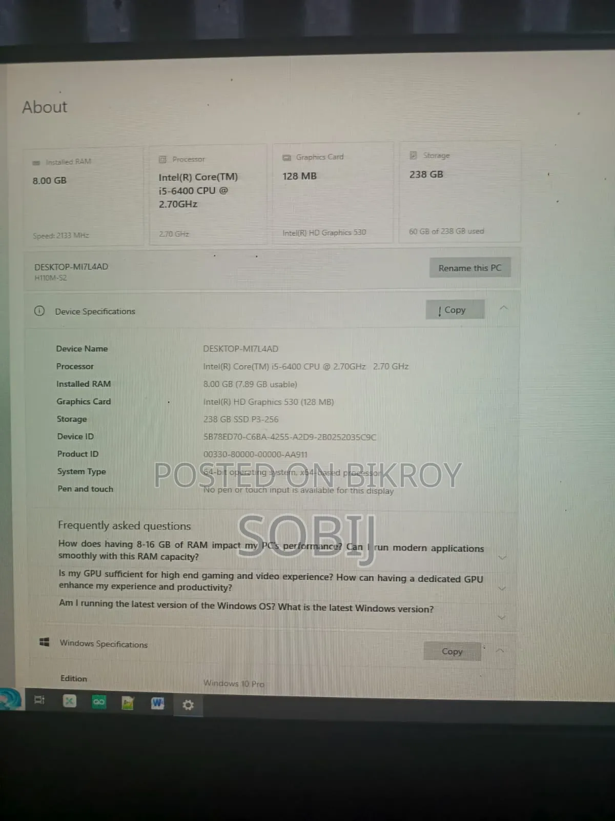 Gigabyte GA-H110MSTX-HD3-ZK 8GB Intel Core I5 SSD 256GB